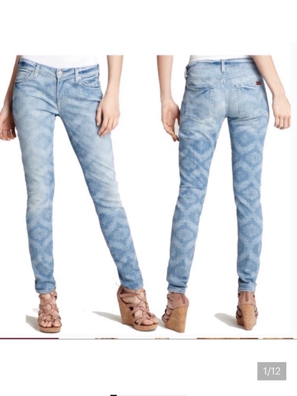 7 For All Mankind The Skinny Aztec Print Blue Denim Jeans - Size 26